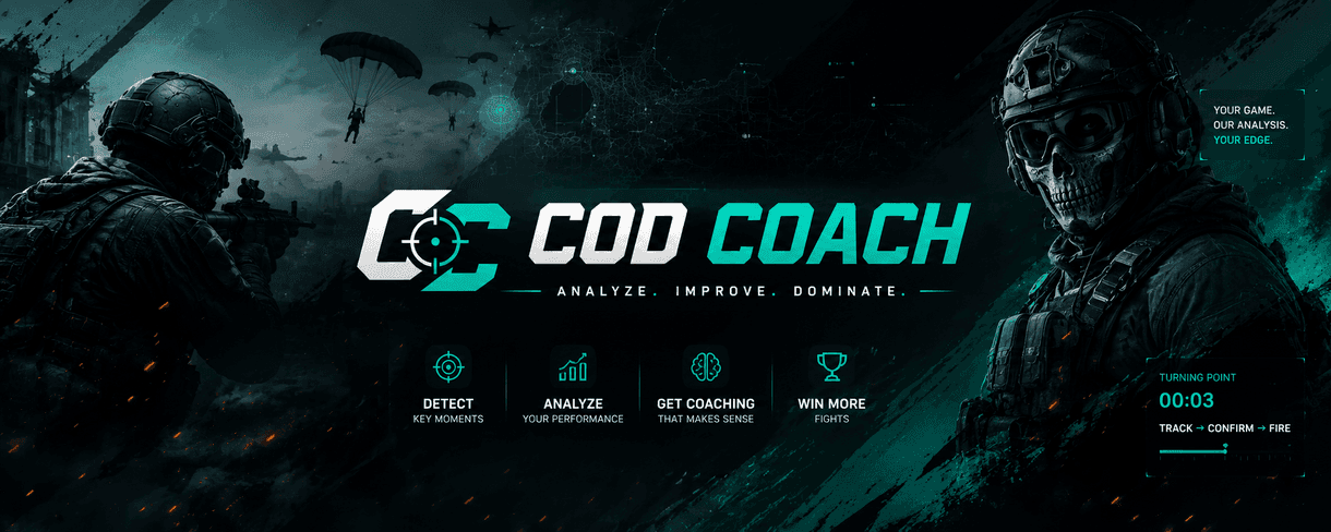COD Coach banner — Analyze. Improve. Dominate. Detect key moments, analyze performance, get coaching, win more fights