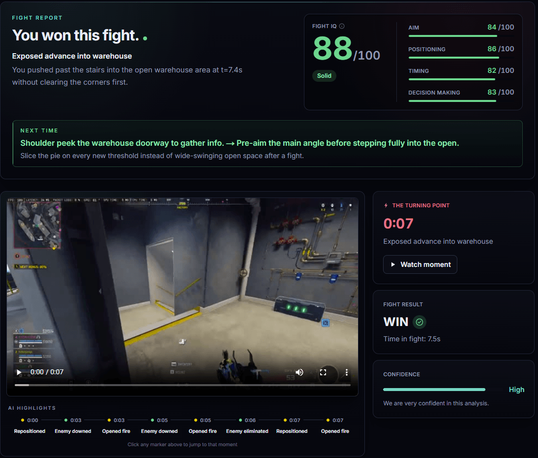 Cod Coach fight report with Fight IQ score, coaching tips, replay, and AI highlights timeline