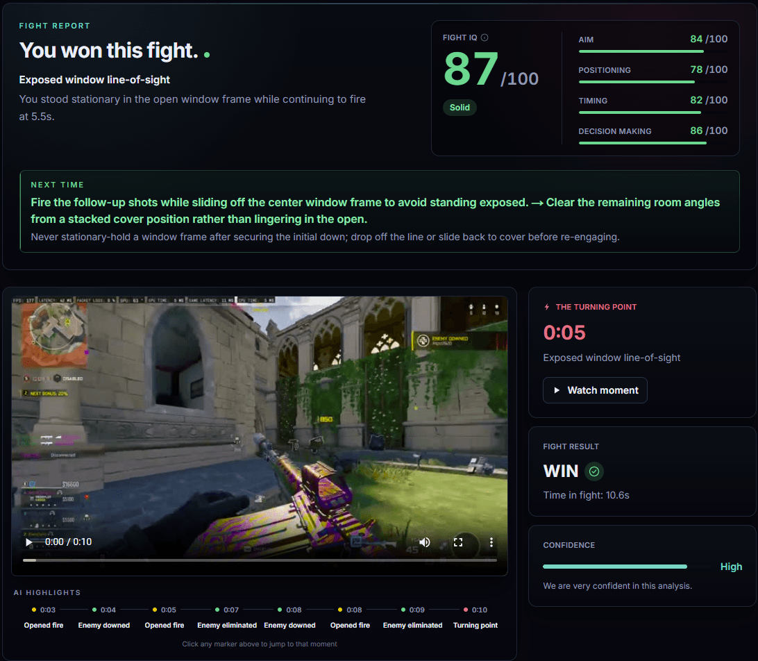 Cod Coach fight report showing Fight IQ 87, exposed window line-of-sight tipping point, and coaching tips
